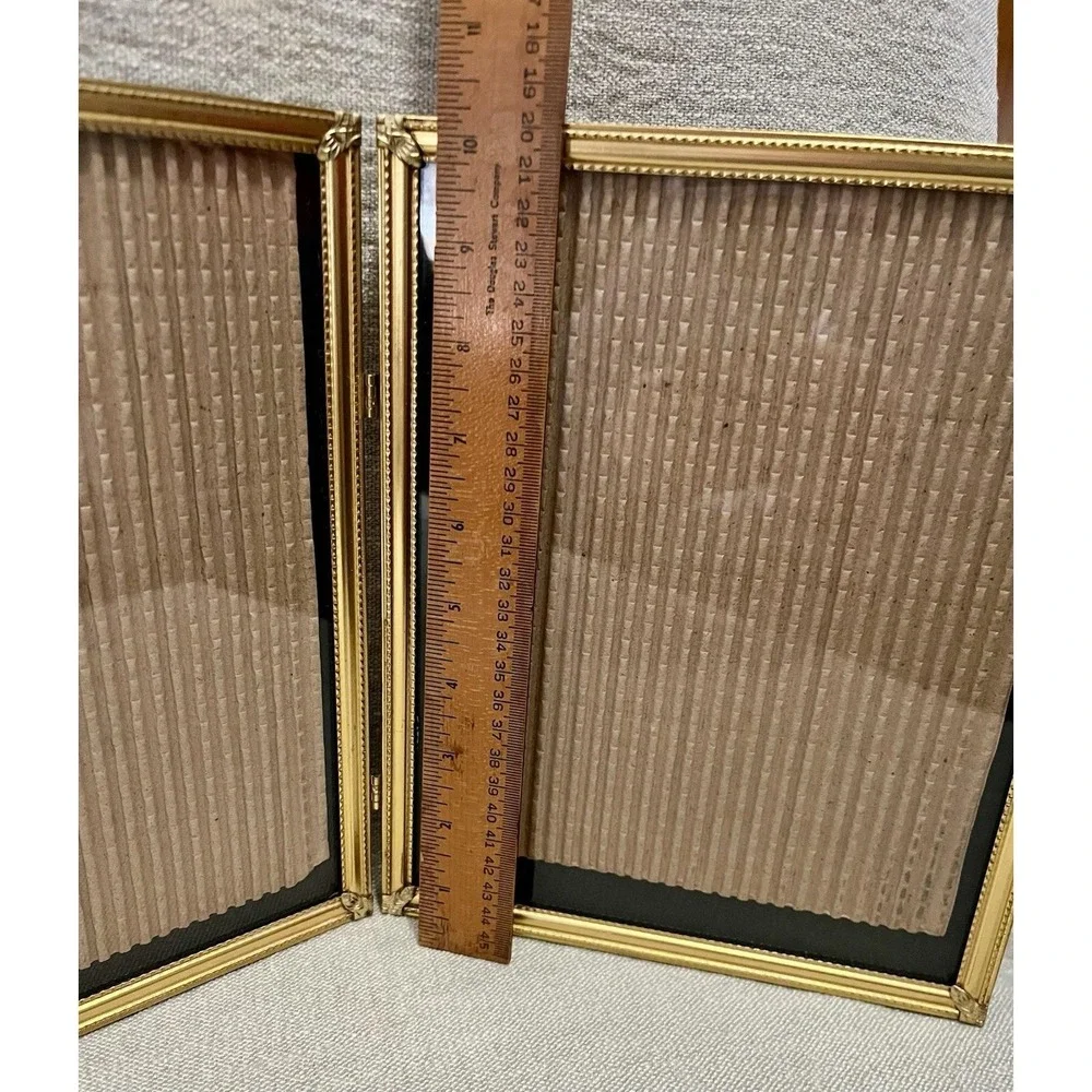 Vintage Gold Double Folding Picture Frame 8x10 Hinged Embossed Metal Tabletop